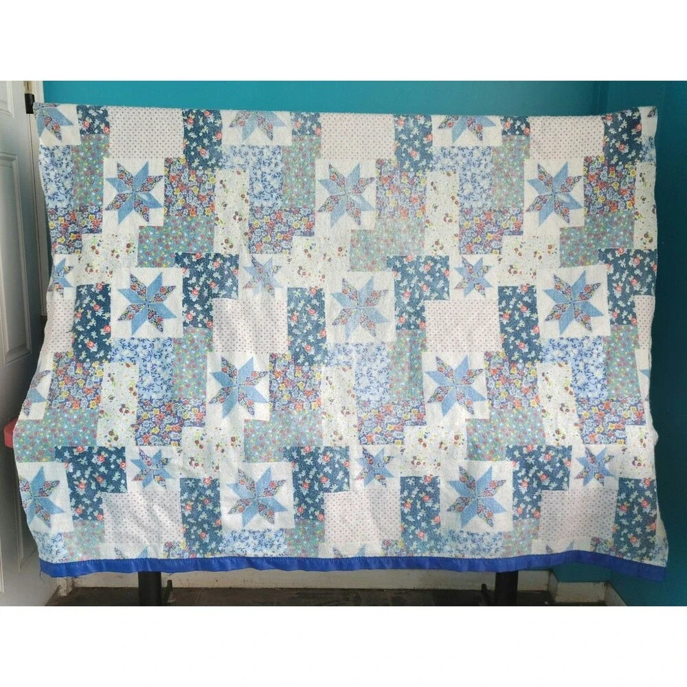 Mid Century 1970s Blanket – Blue with Satin Trim – 89